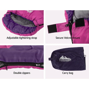 Weisshorn Sleeping Bag Kids Single 172cm Thermal Camping Hiking Pink - SportZone.co.nz