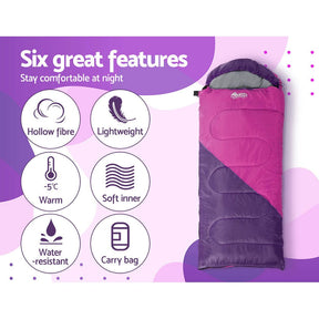 Weisshorn Sleeping Bag Kids Single 172cm Thermal Camping Hiking Pink - SportZone.co.nz