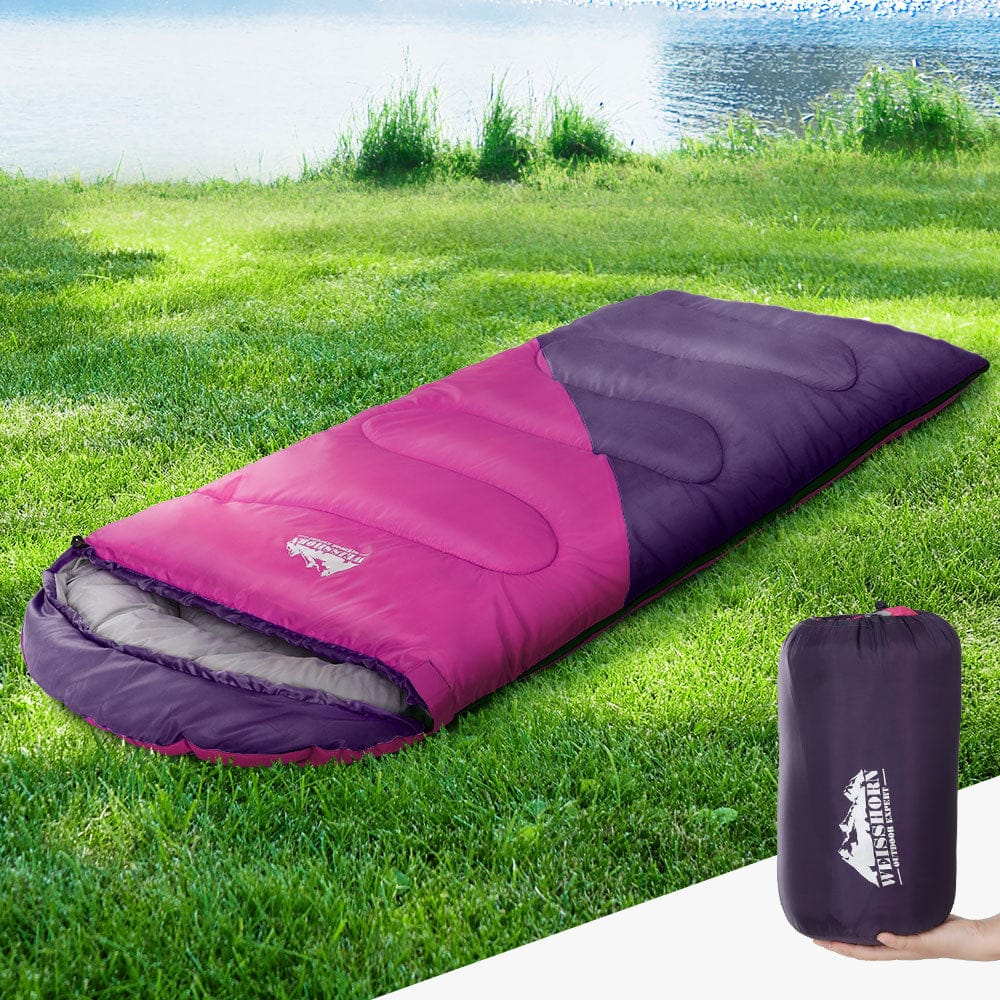 Weisshorn Sleeping Bag Kids Single 172cm Thermal Camping Hiking Pink - SportZone.co.nz