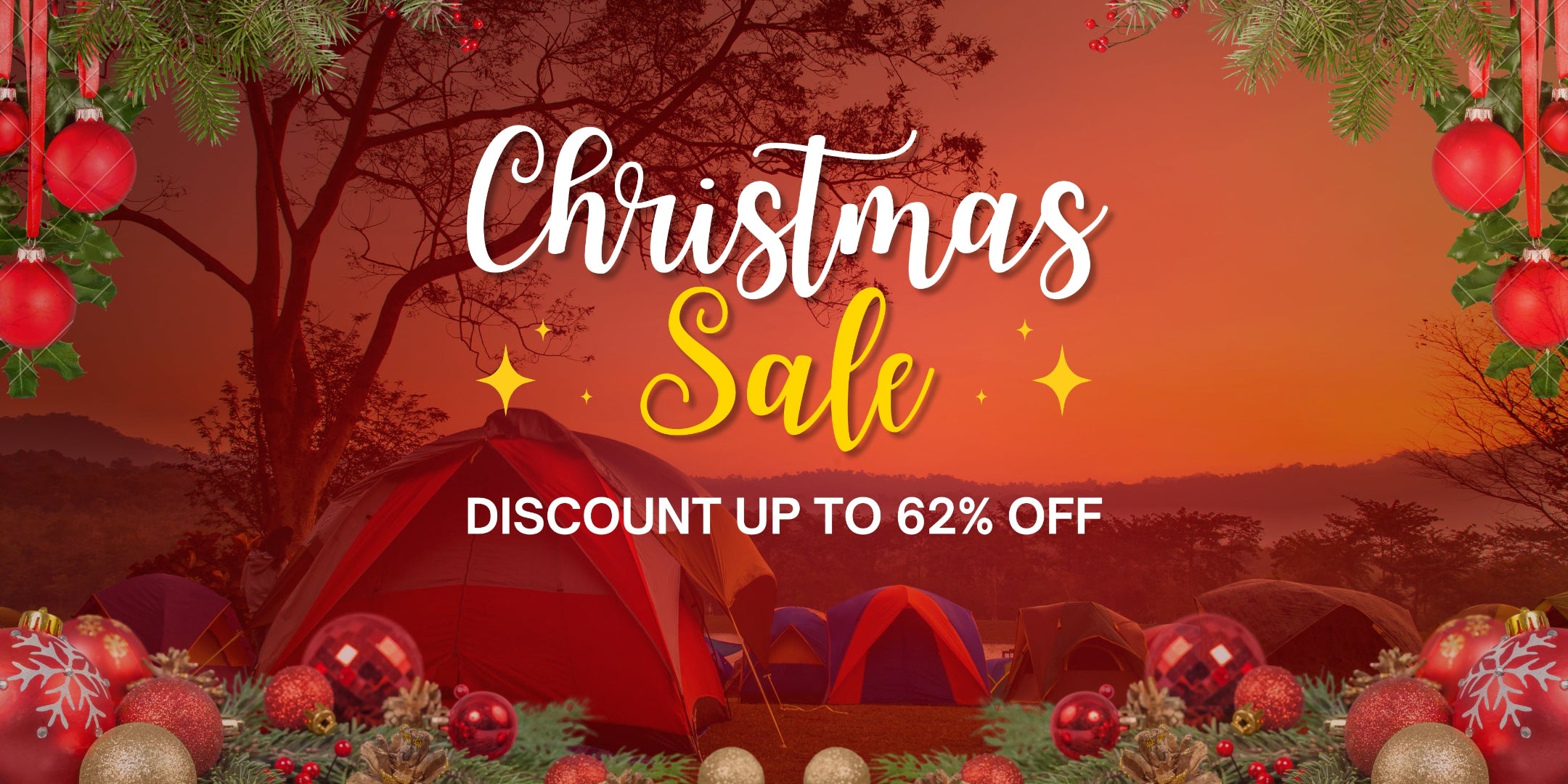 Christmas sale advertisement with decorated trees and tents on a warm-toned background