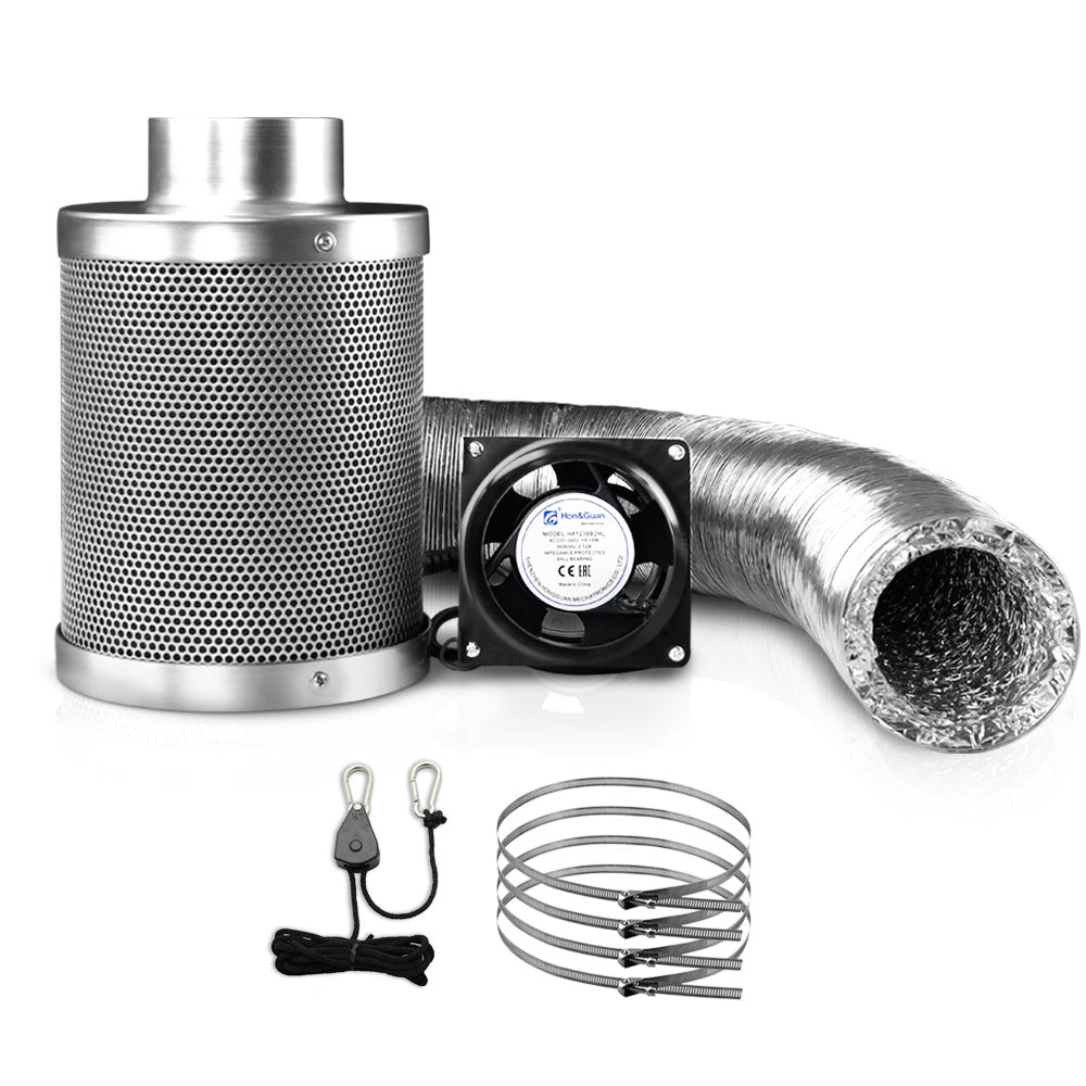 Greenfingers 4" Ventilation Kit for Hydroponics Grow Tents, including a fan, carbon filter, and duct.