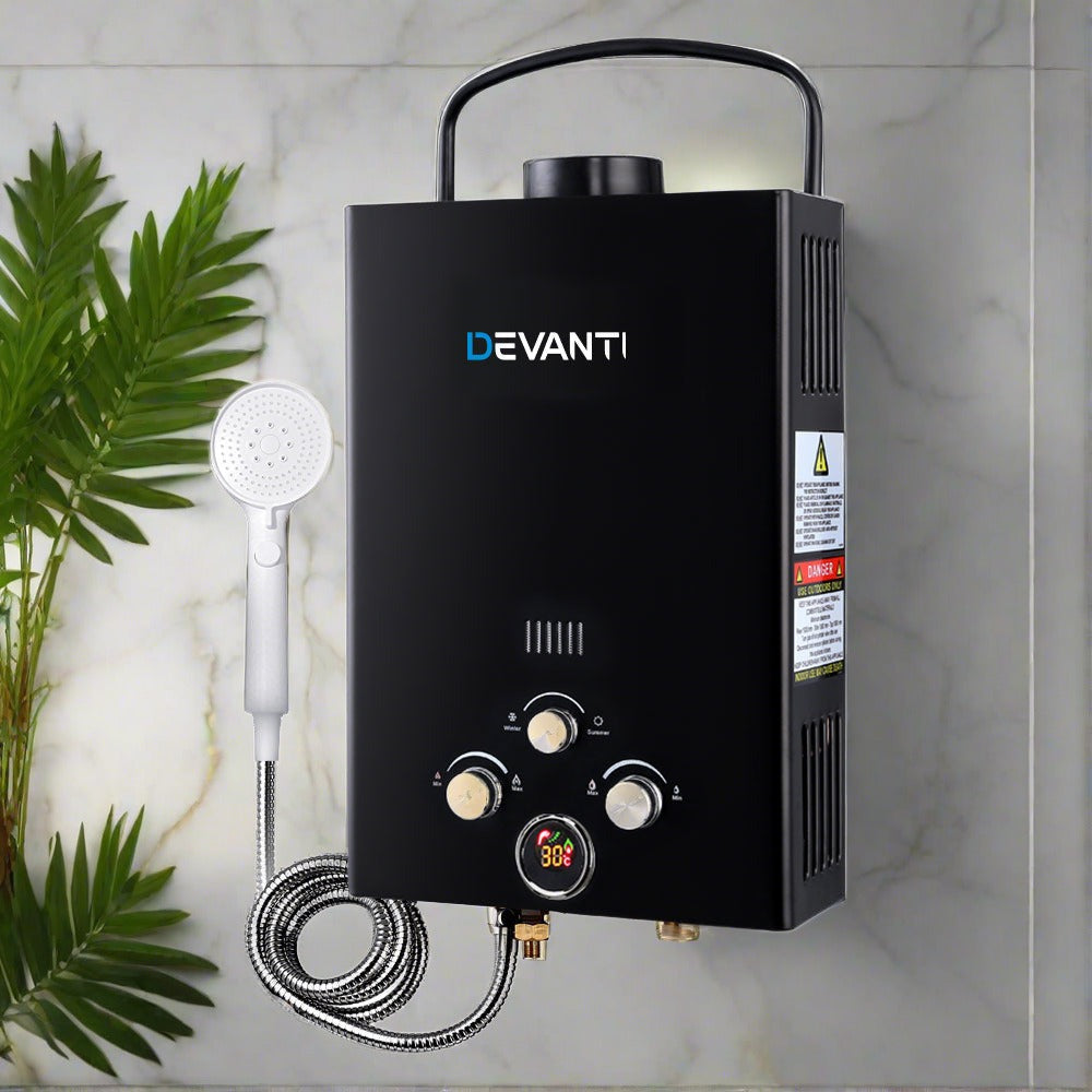 Devanti Portable Gas Water Heater 8L/Min LPG System Black