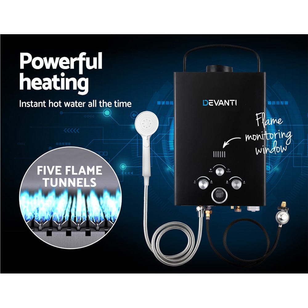 Devanti Portable Gas Water Heater 8L/Min LPG System Black - SportZone.co.nz