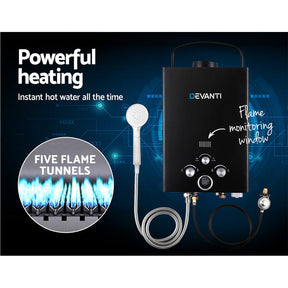 Devanti Portable Gas Water Heater 8L/Min LPG System Black - SportZone.co.nz