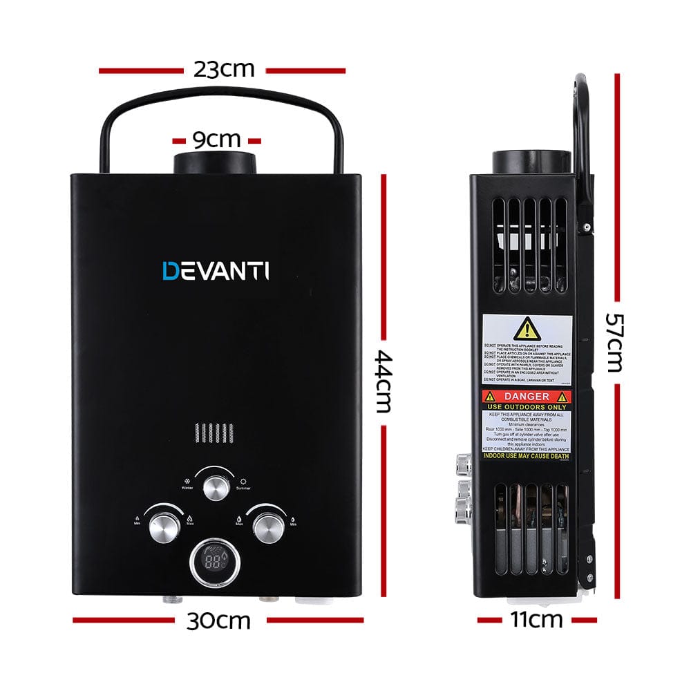 Devanti Portable Gas Water Heater 8L/Min LPG System Black - SportZone.co.nz