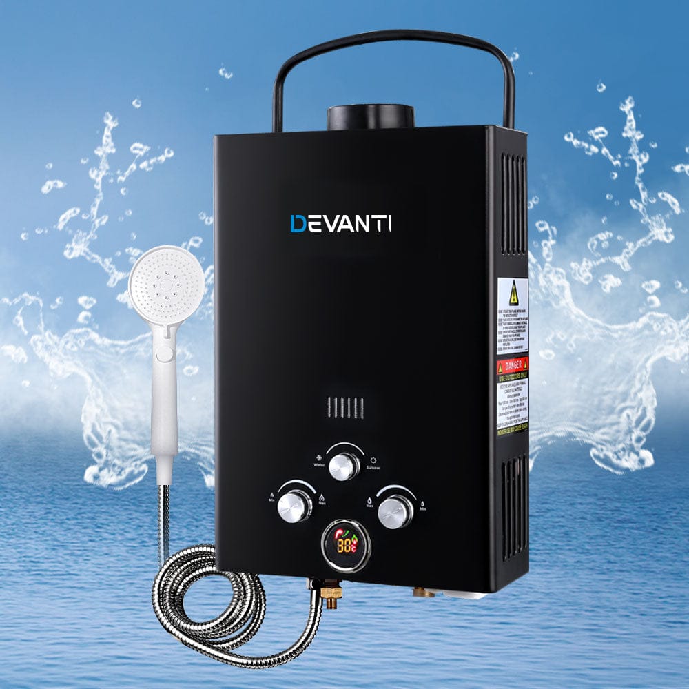 Devanti Portable Gas Water Heater 8L/Min LPG System Black - SportZone.co.nz