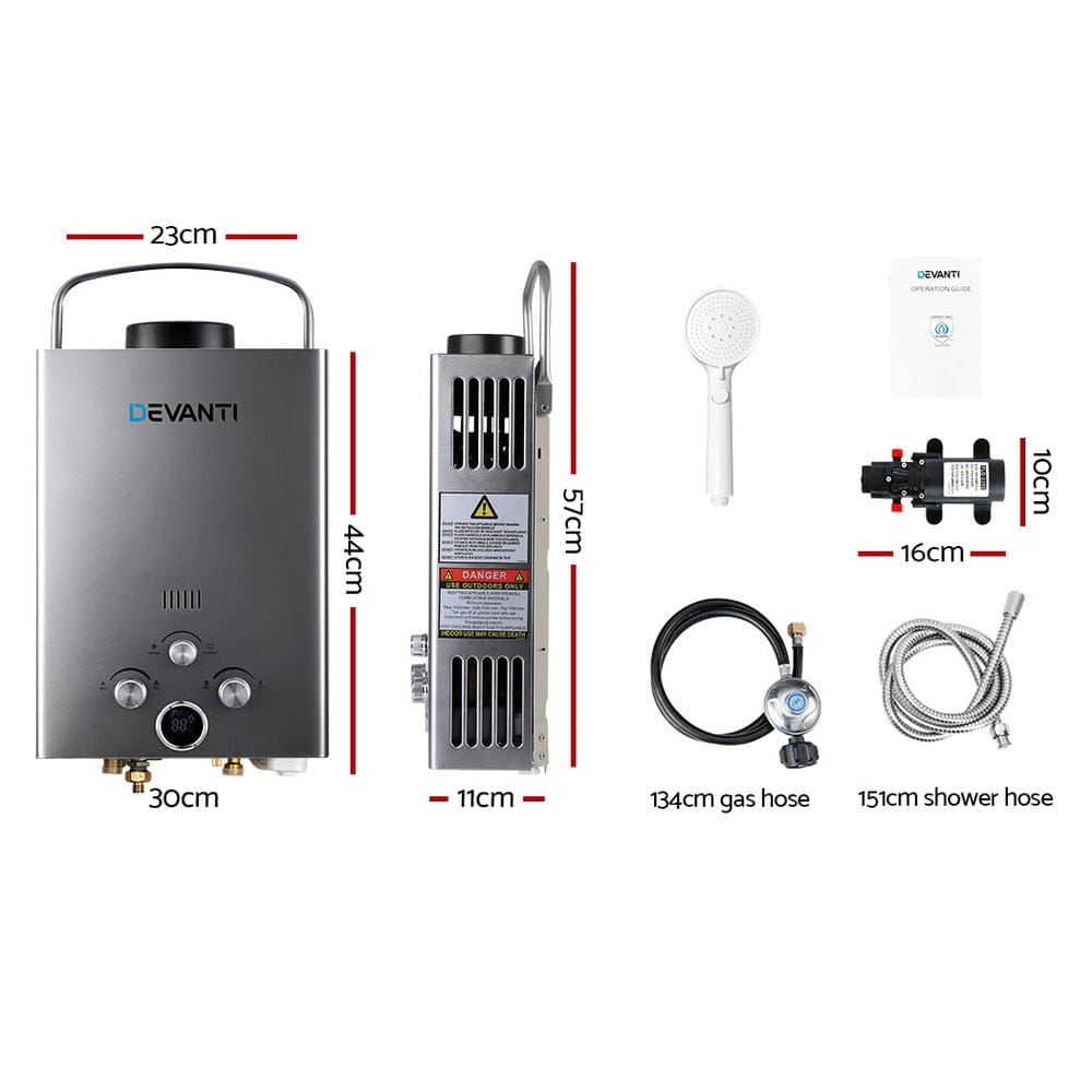 Devanti Portable Gas Water Heater 8L/Min With Pump LPG System Grey - SportZone.co.nz