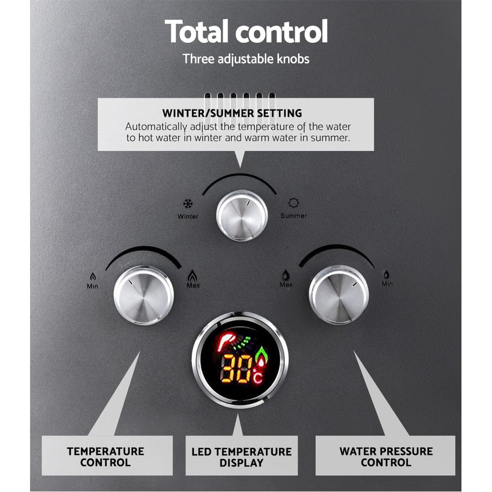 Devanti Portable Gas Water Heater 8L/Min With Pump LPG System Grey - SportZone.co.nz