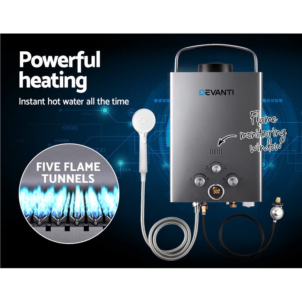 Devanti Portable Gas Water Heater 8L/Min With Pump LPG System Grey - SportZone.co.nz