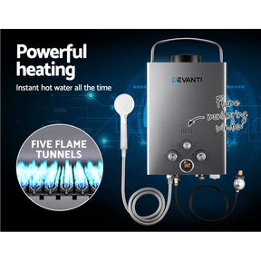 Devanti Portable Gas Water Heater 8L/Min With Pump LPG System Grey - SportZone.co.nz