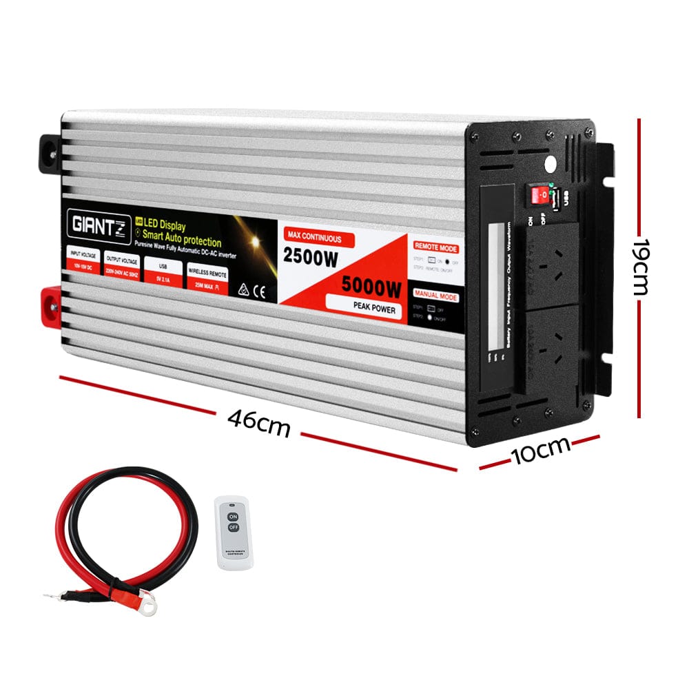 Giantz Power Inverter 12V to 240V 2500W/5000W Pure Sine Wave Camping Car Boat - SportZone.co.nz