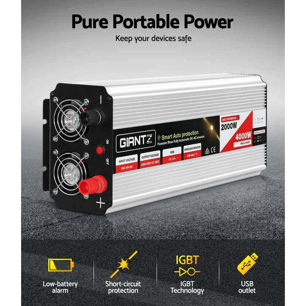 Giantz Power Inverter 2000W or 4000W Pure Sine Wave 12V - 240V Camping Boat Caravan - SportZone.co.nz
