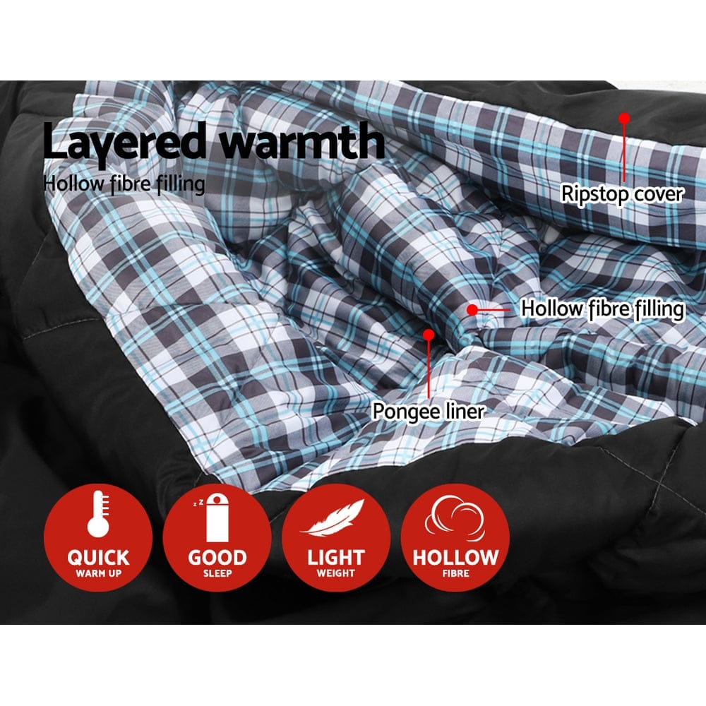 Weisshorn Sleeping Bag Double Pillow Thermal Camping Hiking Tent Grey - 10°C - SportZone.co.nz