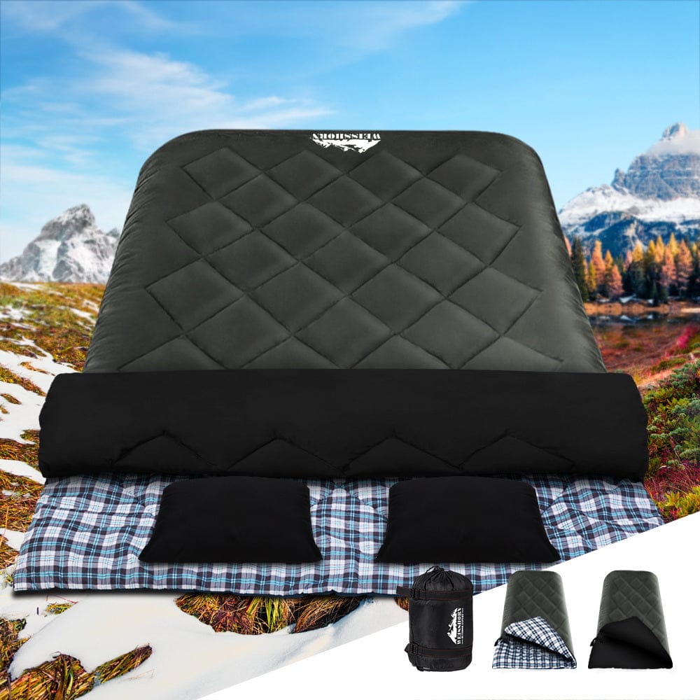 Weisshorn Sleeping Bag Double Pillow Thermal Camping Hiking Tent Grey - 10°C - SportZone.co.nz